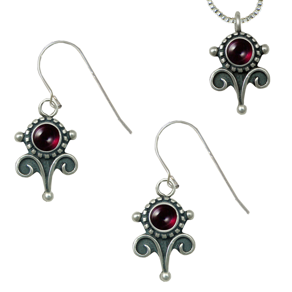 Sterling Silver Necklace Earrings Set Garnet